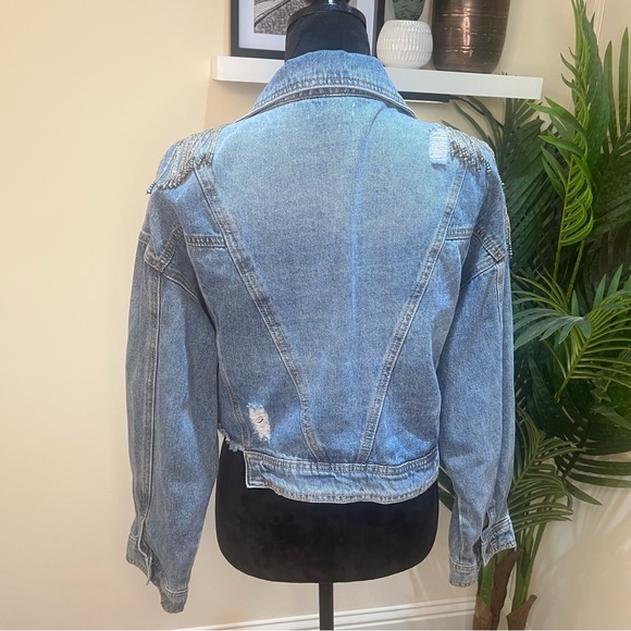 Forever 21 BEADED RHINESTONE Embellished Tassels Denim Crop Jacket Medium - Picture 9 of 13